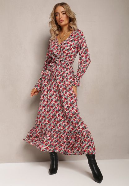 Czerwono-Czarna Rozkloszowana Sukienka w Kwiaty z Wiskozy Carollisa. Czerwone sukienki Renee, l, bez wzorów, z materiału, bez kołnierzyka, bez ramiączek, maxi, kopertowe. Za 99.99 zł.