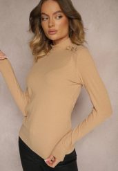 Ciemnobeżowa Bluzka z Bawełną i Ozdobnymi Guzikami Yasida. Brązowe bluzki Renee, l, bez wzorów, z bawełny, biznesowe, bez kołnierzyka, bez ramiączek. W wyprzedaży za 31.49 zł.