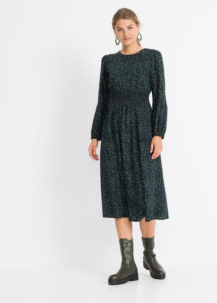 Sukienka midi w kwiaty. Czarne sukienki bonprix, na jesień, bez wzorów, z wiskozy, bez kołnierzyka, bez ramiączek, midi. Za 144.99 zł.