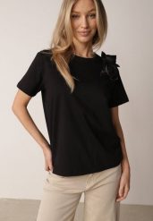 Czarny Klasyczny T-shirt z Bawełny Zdobiony Aplikacją 3D w Kształcie Kwiatów Noebel. Czarne t-shirty Born2be, l, z aplikacjami, z bawełny, bez kołnierzyka, bez ramiączek. Za 59.99 zł.