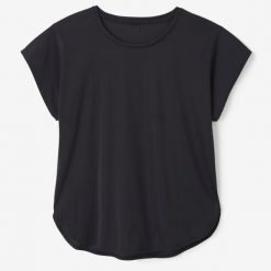 Koszulka fitness damska Domyos krótki rękaw. Czarne bluzki DOMYOS, l, bez wzorów, z elastanu, sportowe, bez kołnierzyka, bez ramiączek. Za 59.99 zł.