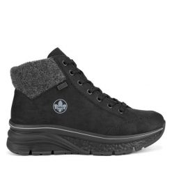 Botki Rieker. Czarne botki Rieker, bez wzorów, bez obcasa, na koturnie, bez zapięcia. Za 265.99 zł.