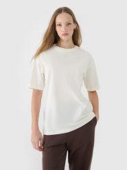 4F T-shirt oversize gładki damski - biały S. Białe t-shirty 4f, s, bez wzorów, z bawełny, bez kołnierzyka, bez ramiączek. W wyprzedaży za 39.99 zł.