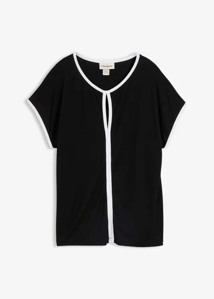 Koszulka z lamówką. Czarne bluzki bonprix, bez wzorów, eleganckie, bez kołnierzyka, bez ramiączek. Za 94.99 zł.