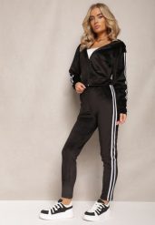 Czarny 2-Częściowy Komplet Dresowy z Weluru z Ozdobnymi Lampasami Bluza i Spodnie Anelpe. Czarne bluzy Renee, m, bez wzorów, z dresówki, bez kaptura. Za 69.99 zł.