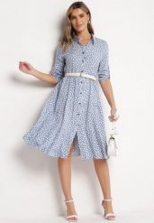 Jasnoniebieska Rozkloszowana Sukienka Koszulowa Midi Maijane. Niebieskie sukienki Born2be, xl, bez wzorów, bez kołnierzyka, bez ramiączek, midi, koszulowe. Za 69.99 zł.