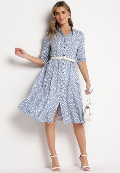 Jasnoniebieska Rozkloszowana Sukienka Koszulowa Midi Maijane. Niebieskie sukienki Born2be, xl, bez wzorów, bez kołnierzyka, bez ramiączek, midi, koszulowe. Za 69.99 zł.