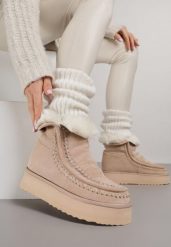 Beżowe Śniegowce z Przeszyciami Oliwedea. Brązowe trapery i śniegowce Born2be, z jeansu. Za 159.99 zł.