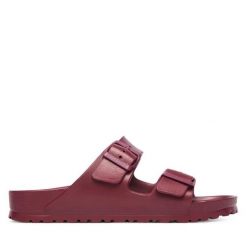 Klapki Birkenstock. Czerwone klapki Birkenstock, bez wzorów, bez obcasa. Za 249.99 zł.