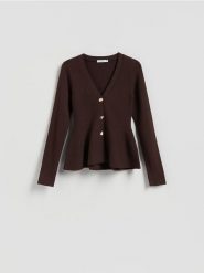Kardigan z baskinką - brązowy. Brązowe kardigany Reserved, l, bez wzorów, z dzianiny. Za 129.99 zł.