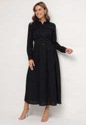 Czarna Wiskozowa Sukienka Ozdobiona Paskiem i Guzikami Ronitte. Czarne sukienki Born2be, na co dzień, na lato, l, bez wzorów, z wiskozy, eleganckie, bez kołnierzyka, bez ramiączek, maxi. Za 149.99 zł.