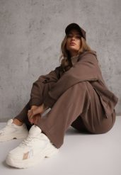 Brązowy Prążkowany Komplet Dresowy Spodnie o Szerokim Kroju i Bluza z Kapturem Rerih. Brązowe bluzy sportowe Renee, l, bez wzorów, z dresówki, z kapturem. Za 169.99 zł.