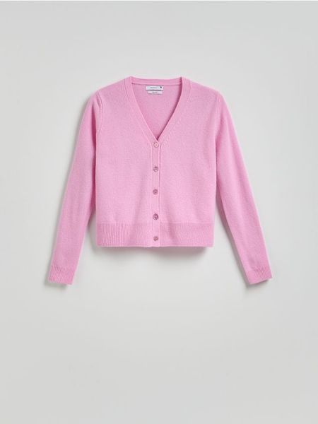 Wełniany kardigan - różowy. Czerwone kardigany Reserved, l, bez wzorów, z wełny. W wyprzedaży za 139.99 zł.
