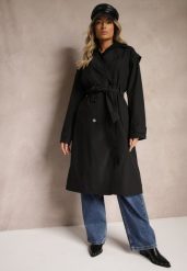 Czarny Płaszcz Trencz o Kroju Oversize Ozdobiony Materiałowym Paskiem i Guzikami Iritheas. Czarne płaszcze Renee, l, bez wzorów, z materiału, bez kaptura. Za 214.99 zł.