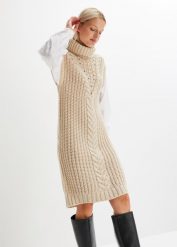 Sukienka dzianinowa z koszulową wstawką. Brązowe sukienki bonprix, bez wzorów, z dzianiny, bez kołnierzyka, bez ramiączek, koszulowe. Za 119.99 zł.
