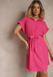 Fuksjowa Sukienka Koszulowa Wiązana w Pasie z Krótkimi Rękawami Wellwood. Czerwone sukienki Renee, na imprezę, na lato, l, bez wzorów, z tkaniny, bez kołnierzyka, plus size, bez ramiączek, midi, koszulowe. Za 59.99 zł.