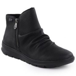 Skórzane wodoodporne botki damskie czarne Rieker Z0056-00. Czarne botki Rieker, bez wzorów, ze skóry, bez obcasa, bez zapięcia. Za 379.00 zł.