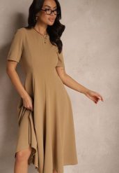 Ciemnobeżowa Sukienka Rozkloszowana o Taliowanym Fasonie Telaswena. Brązowe sukienki Renee, na co dzień, m, bez wzorów, eleganckie, bez kołnierzyka, bez ramiączek, midi, rozkloszowane. Za 79.99 zł.