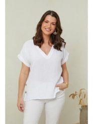Curvy Lady Lniana koszulka w kolorze białym rozmiar: 40/42. Białe bluzki Curvy Lady, bez wzorów, ze lnu, klasyczne, bez kołnierzyka, bez ramiączek. Za 109.78 zł.