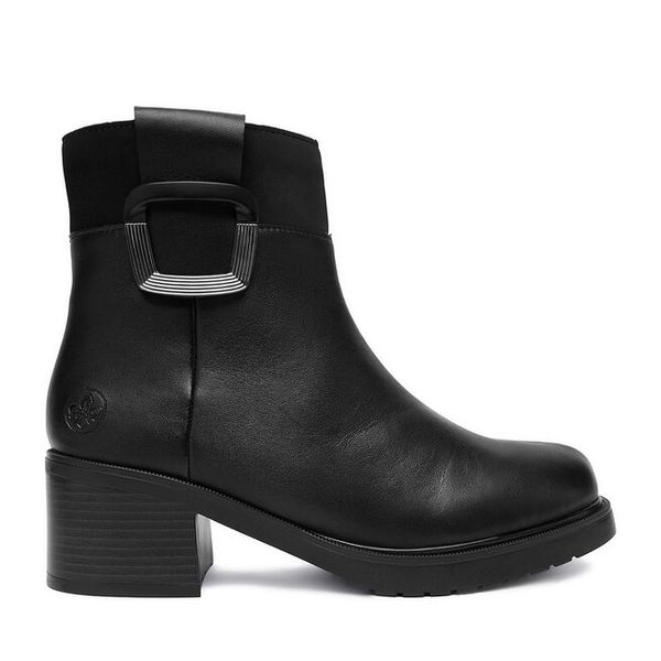 Botki Rieker. Czarne botki Rieker, bez wzorów, bez obcasa, na słupku, bez zapięcia. Za 419.99 zł.