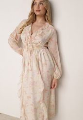 Żółta Romantyczna Sukienka z Falbankami Wiązaniem i Wycięciami w Talii Rhelorin. Żółte sukienki Born2be, na co dzień, l, bez wzorów, z jeansu, klasyczne, bez kołnierzyka, bez ramiączek, maxi, dopasowane. Za 209.99 zł.