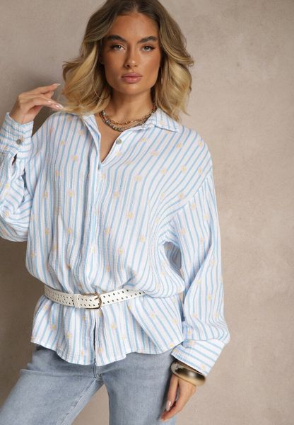 Niebieska Koszula z Bawełny w Prążki Zdobiona Kwiatowym Wzorem Apiola. Niebieskie koszule Renee, z aplikacjami, z bawełny, biznesowe, bez kołnierzyka, bez ramiączek. Za 109.99 zł.