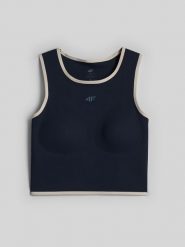 4F Crop top do jogi szybkoschnący damski - granatowy L. Niebieskie koszulki sportowe 4f, bez wzorów, z materiału, bez ramiączek, na fitness i siłownię. Za 129.99 zł.