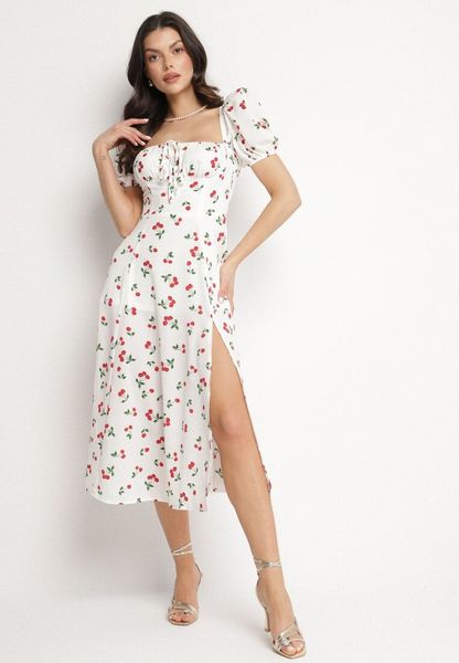 Biała Rozkloszowana Sukienka z Wiązaniem w Wisienki Halilitia. Białe sukienki Born2be, na co dzień, na lato, l, bez wzorów, klasyczne, bez kołnierzyka, bez ramiączek, proste. Za 169.99 zł.