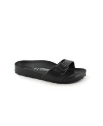 Klapki damskie Birkenstock Eva Madrid Black Eva. Czarne klapki Birkenstock, bez wzorów, z materiału, bez obcasa. Za 249.99 zł.