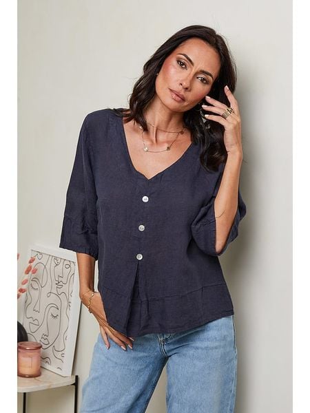 Le Monde du Lin Lniana koszulka w kolorze granatowym rozmiar: 40/42. Niebieskie bluzki Le Monde du Lin, bez wzorów, ze lnu, klasyczne, bez kołnierzyka, bez ramiączek. Za 149.31 zł.