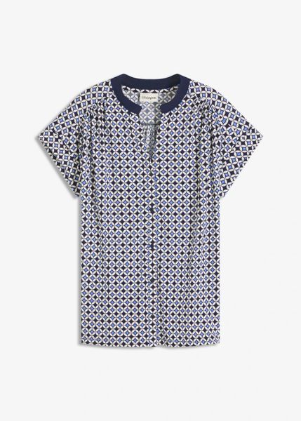 Bluzka koszulowa ze wzorem. Niebieskie bluzki bonprix, bez wzorów, eleganckie, bez kołnierzyka, bez ramiączek. Za 59.99 zł.