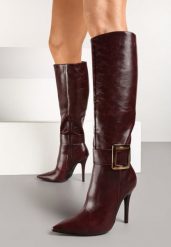 Bordowe Kozaki na Szpilce Ozdobione Klamrą Innadora. Czerwone kozaki Born2be, z jeansu, bez obcasa, na obcasie, bez zapięcia. Za 199.99 zł.