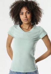 Miętowy T-shirt Nysalphia. Zielone t-shirty Born2be, m, bez wzorów, z bawełny, bez kołnierzyka, bez ramiączek. Za 24.99 zł.