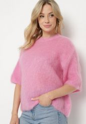 Różowy Moherowy Sweter o Kroju Nietoperza z Rękawami 3/4 Eleanira. Czerwone swetry Born2be, na zimę, uniwersalny, z aplikacjami, z jeansu, bez ramiączek. Za 259.99 zł.