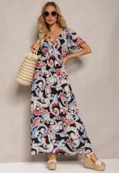 Czarno-Niebieska Rozkloszowana Sukienka z Bawełny o Kopertowym Kroju w Print Paisley Piavella. Czarne sukienki Renee, na co dzień, l, bez wzorów, z bawełny, eleganckie, bez kołnierzyka, bez ramiączek, maxi, kopertowe. Za 44.99 zł.