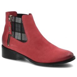 Czerwone Botki Libero Damskie Stylowe Obuwie. Czerwone botki Libero, bez wzorów, z nubiku, bez obcasa, na płaskiej podeszwie, bez zapięcia. Za 219.00 zł.