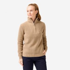 Sweter do golfa damski MW500 z półgolfem. Brązowe golfy INESIS, m, bez wzorów, z bawełny, bez ramiączek. Za 159.99 zł.