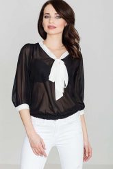 Stylowa Czarna Bluzka z Kokardą Rękaw 3/4. Czarne bluzki Katrus, l, bez wzorów, z materiału, eleganckie, bez kołnierzyka, bez ramiączek. Za 169.00 zł.