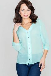 Elegancka Zielona Bluzka na Guziki z Dekoltem "V". Zielone bluzki Katrus, xl, bez wzorów, z materiału, eleganckie, bez kołnierzyka, bez ramiączek. Za 179.00 zł.
