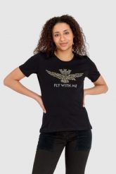 AERONAUTICA MILITARE Czarny bawełniany t-shirt damski z orłem wykonanym z dżetów, Rozmiar XS. Czarne t-shirty AERONAUTICA MILITARE, s, bez wzorów, z bawełny, bez kołnierzyka, bez ramiączek. W wyprzedaży za 219.99 zł.