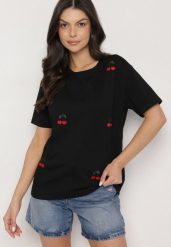 Czarny Bawełniany T-shirt Zdobiony Haftem z Motywem w Wiśnie Nevianira. Czarne t-shirty Born2be, m, z aplikacjami, z bawełny, bez kołnierzyka, bez ramiączek. Za 29.99 zł.