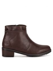 Rieker Botki Y0551-25 Brązowy. Brązowe botki Rieker, bez wzorów, z materiału, bez obcasa, na słupku, bez zapięcia. Za 279.99 zł.