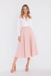 Rozkloszowana spódnica z wysokim stanem różowa. Czerwone spódnice Stylove, na lato, l, bez wzorów, midi, rozkloszowane. Za 289.00 zł.