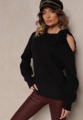 Czarny Sweter z Ozdobnym Wiązaniem i Wycięciem na Ramieniu Eledi. Czarne swetry Renee, bez wzorów, bez ramiączek. Za 119.99 zł.