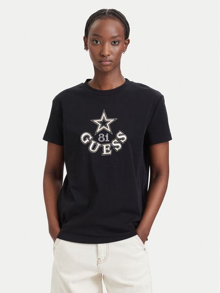 Guess T-Shirt V6YI04 K4268 Czarny Regular Fit. Czarne t-shirty Guess, s, z aplikacjami, z bawełny, bez kołnierzyka, bez ramiączek. Za 192.99 zł.