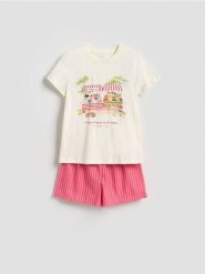 Dwuczęściowa piżama z nadrukiem - czerwony. Czerwone piżamy Reserved, bez wzorów, z bawełny, bez ramiączek. Za 109.99 zł.