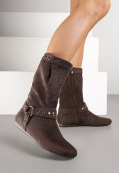 Brązowe Botki Bikery z Klamrą i Nitami Lenrise. Brązowe botki Renee, bez wzorów, bez obcasa, na płaskiej podeszwie, bez zapięcia. Za 149.99 zł.