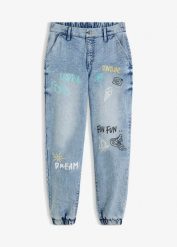 Dżinsy barrel, średni stan, wygodna talia. Niebieskie jeansy bonprix, bez wzorów. Za 159.99 zł.