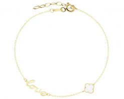 Złota bransoletka z masą perłową - love, koniczyna. Białe bransoletki Apart, z perłą, złote. Za 649.00 zł.