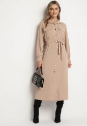 Beżowa Koszulowa Sukienka z Podpinanymi Rękawami i Dodatkowym Wiązanym Paskiem Ivandria. Brązowe sukienki Born2be, na co dzień, l, bez wzorów, klasyczne, bez kołnierzyka, bez ramiączek, koszulowe. Za 54.99 zł.